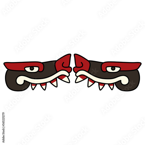 Symmetrical animal design with two monster animal heads with sharp teeth. Native American art of Aztec Indians from Mexican codex. Isolated vector illustration.