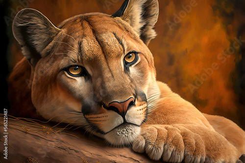 Сlose up portrait of a Puma. Cougar (Puma concolor), puma, mountain lion, panther, or catamount. Wild african animals. Post-processed generative AI 