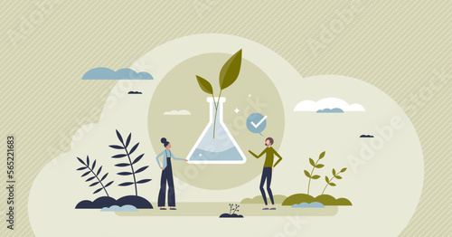 Biotech science as biological technology research work tiny person concept. Experiment with plant molecular analysis and modification for medical herb purpose vector illustration. Laboratory research.