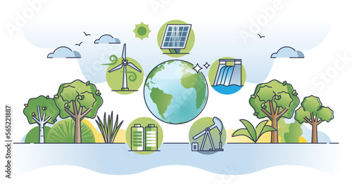 Energy sources collection with oil, solar wind or hydro power outline concept. Various methods to get electricity from nature resources vector illustration. Green and renewable or fossil extraction.