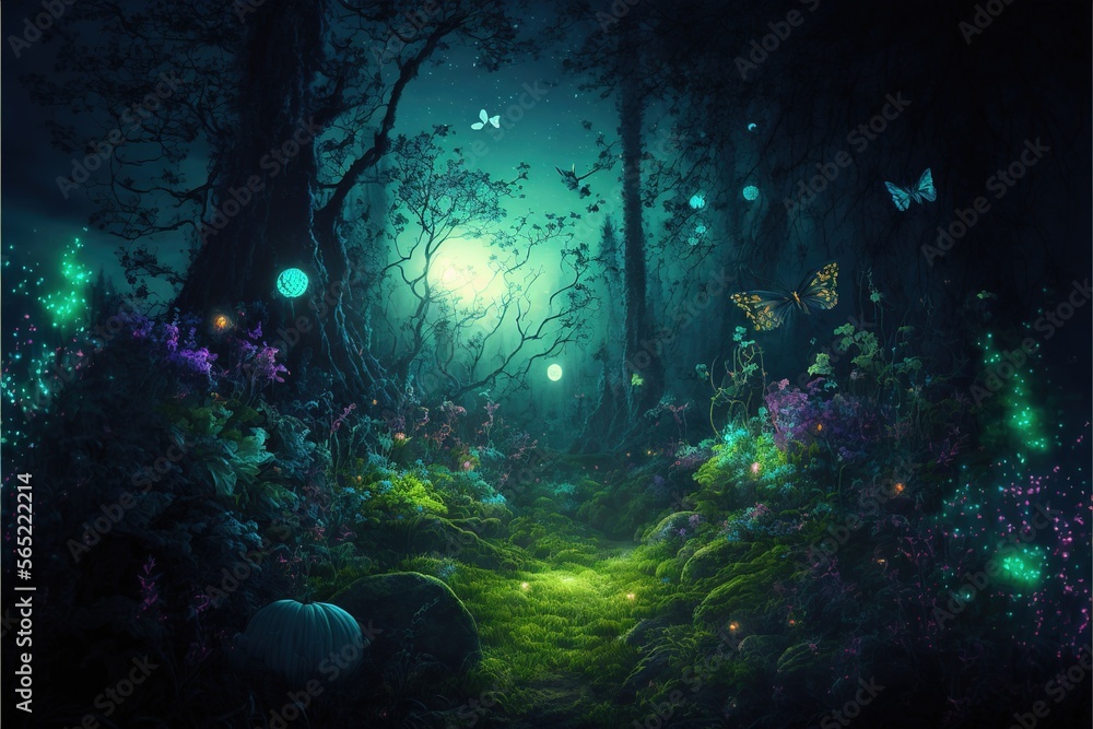 Illuminated Light in the trees and flowers. Beautiful fantasy Night forest scene. —generative AI digital illustration.