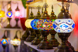 Traditional Turkish mosaic lamps close ups Istanbul market