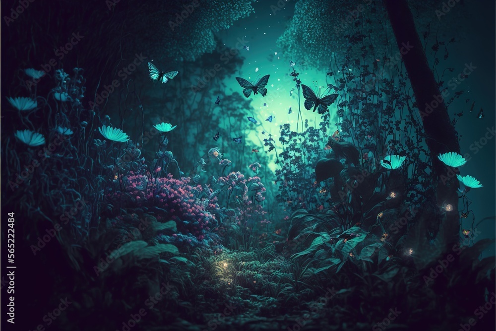 Obraz premium Forest path with glowing fireflies at night Generative AI