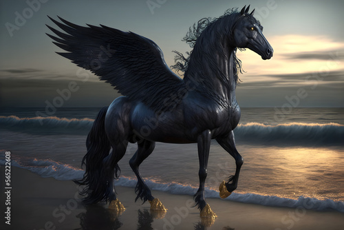 Breathtaking black Pegasus with star glittering wings comes out of the sea to the beach
