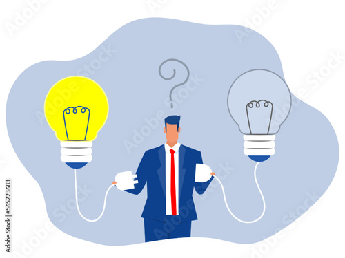 Energy power man .businessman character standing connecting charging light bulb between negative to positive vector illustration