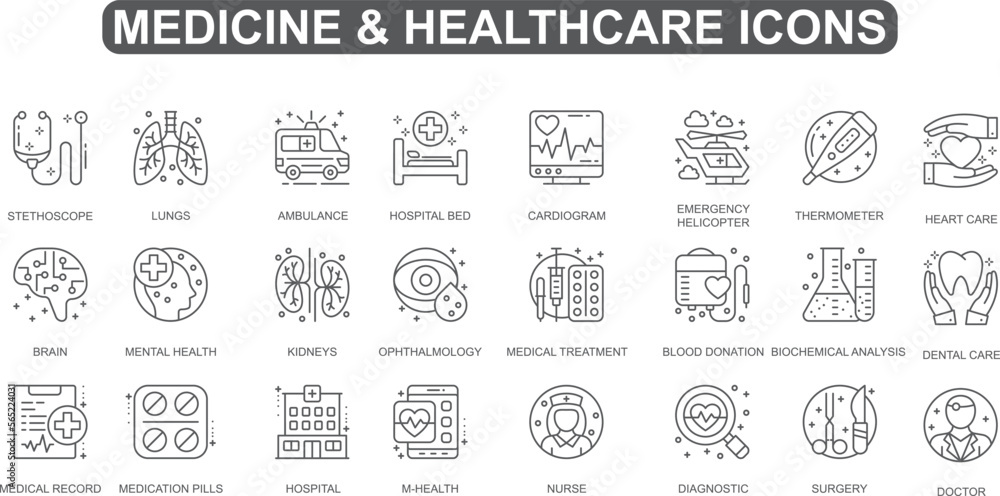 Medicine  and Healthcare Vector, simple set vector thin line medical and science icons