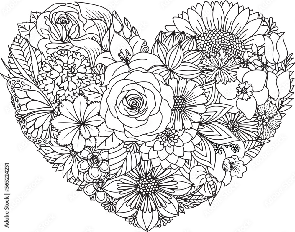 Various flowers in heart shape, for paper cut, laser cut, card making, coloring page and so on ...