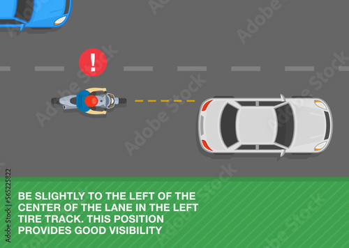 Safe motorcycle riding rules and tips. Be slightly to the left of the center of the lane in the left tire track. Top view of a biker following car on left side. Flat vector illustration template.