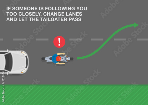 Safe motorcycle riding rules and tips. If someone is following too closely, change lanes and let the tailgater pass. Top view of a motorcycle changing lane. Flat vector illustration template.