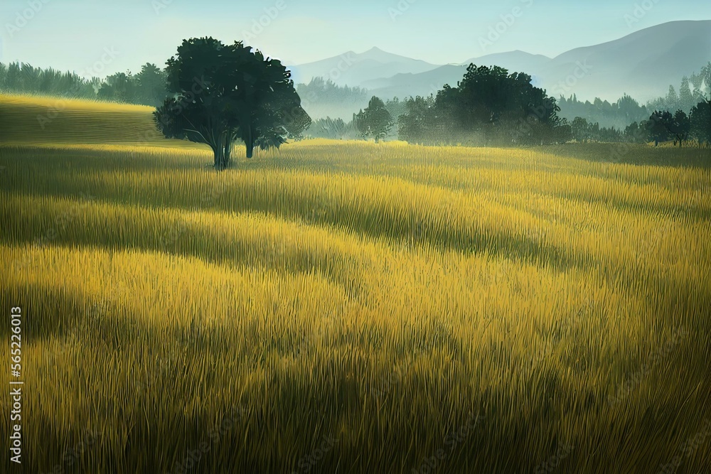Field of lush grass on gentle slopes. Pasturage, grassland, pommel, lea, alkali, lye, and meadow