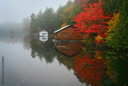 Boathouse On The Fulton Chain Lakes During Foggy Morning In Adirondack Park photo