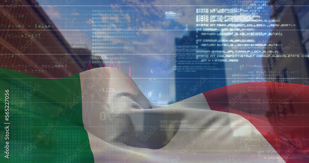 Fototapeta premium Composition of data processing over flag of italy and cityscape