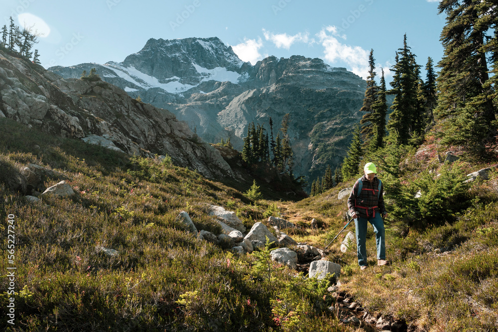 Hiker in mountains, Pemberton, British Columbia, Canada Hiker in mountains, Pemberton, British Columbia, Canada