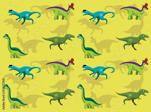 Fototapeta Naklejka Na Ścianę i Meble -  Dinosaur Side View Cartoon Character Dilophosaurus Lambeosaurus Brachiosaurus Tyrannosaurus Seamless Wallpaper Background