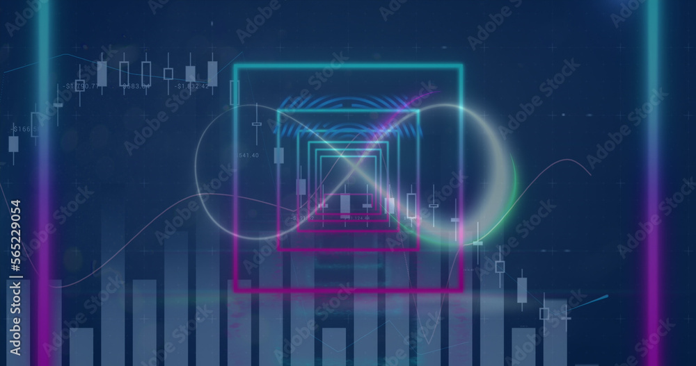Naklejka premium Image of neon infinity over digital screen with squares and graphs