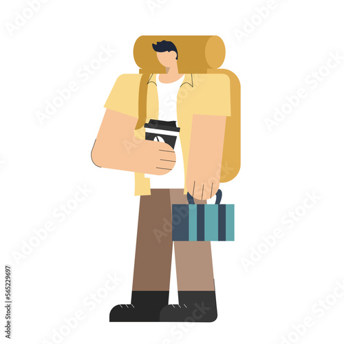 man passenger with backpack and acup of coffee walking in the airport terminal departure hall waiting for boarding plane flight