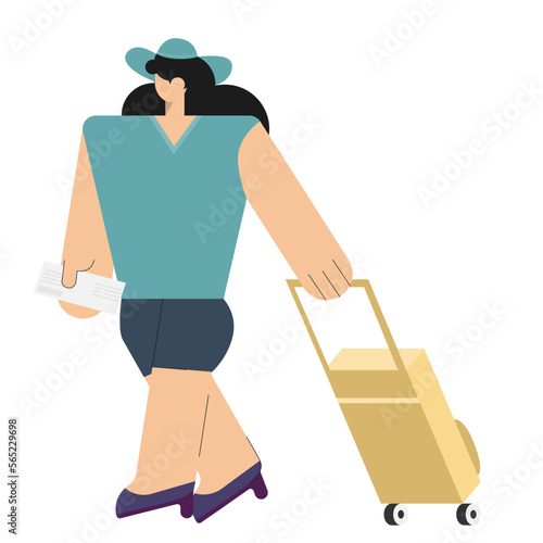 woman passenger with luggage walking in the airport terminal departure hall waiting for boarding plane holiday vacation flight