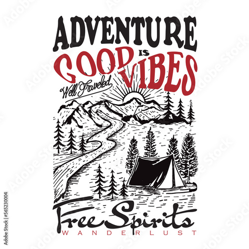 Adventure is good vibes mountain tee shirt prints in vector, vector camping illustration and outdoor print for t shirts