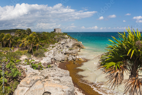 Tulum ancient ruins and sea coast from above. Mexico, Quintana Roo
