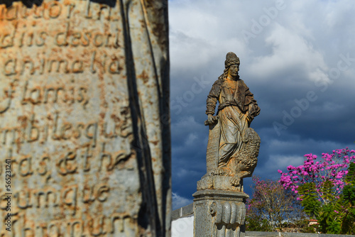 A partial view of the World Heritage-listed Twelve Prophets sculptures by the famous baroque artist Aleijadinho, on the Santuário do Bom Jesus de Matosinhos, Congonhas, Minas Gerais state, Brazil