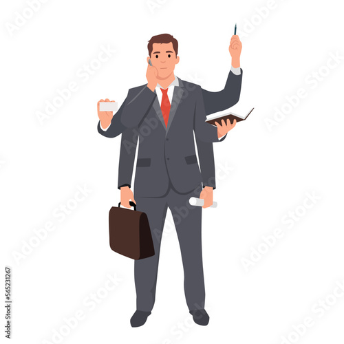 Young Businessman do a multi tasking. Flat vector illustration isolated on white background