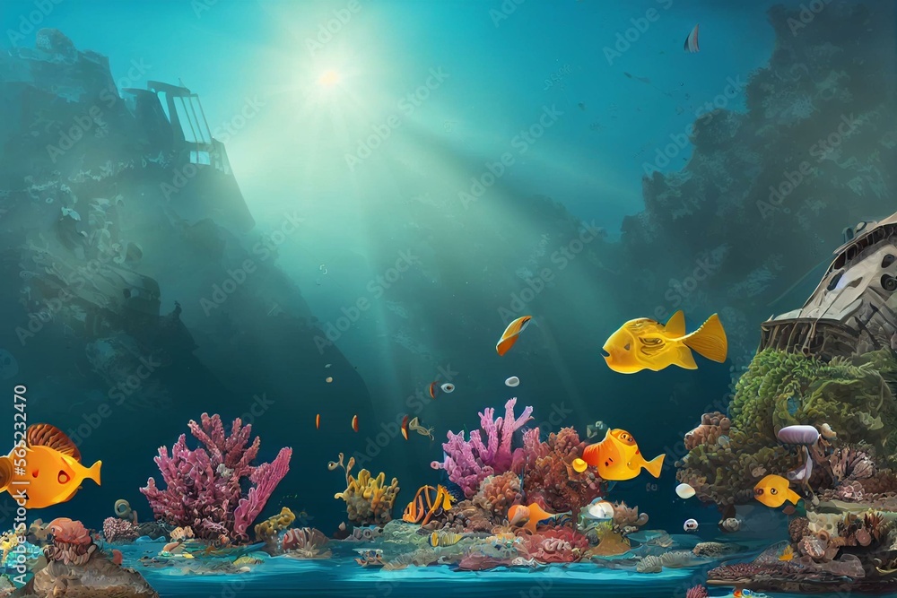 Cartoon underwater landscape with sunken frigate ship. Vector game ...