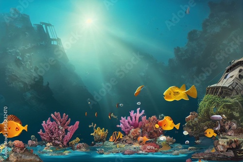 Papier peint Cartoon underwater landscape with sunken frigate ship