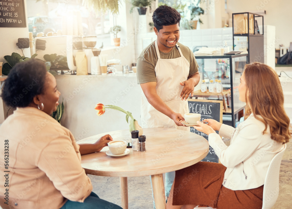 Waiter, serving and restaurant service for customer at a coffee shop or cafe with friendly worker in the morning. Beverage, consumer and man gives satisfied woman in a meeting coffee or tea Waiter, serving and restaurant service for customer at a coffee shop or cafe with friendly worker in the morning. Beverage, consumer and man gives satisfied woman in a meeting coffee or tea