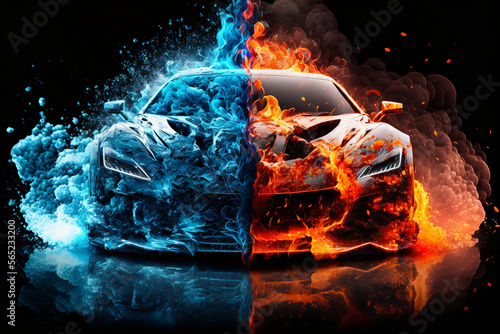 hyper ca in fire and ice with black background - ai, generative ai