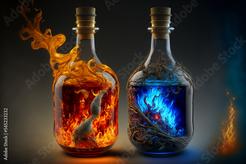 glass of life, bottle of mana, fire, flames and ice - generative ai, ai