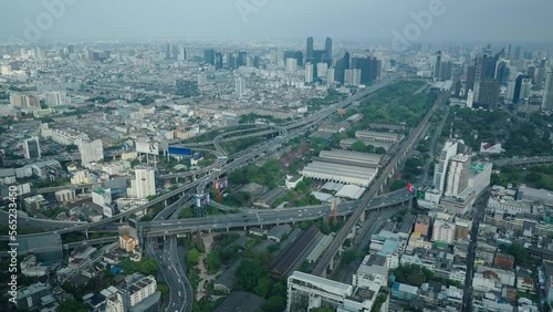 Cars Driving On Expressways With Bangkok Skyline From Baiyoke Tower II Observation Platform In Thailand. - wide photo