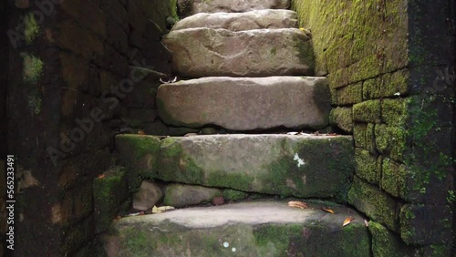 Ancient Stone Stairs with Moss at Goa Garba Ancient Temple Ruins, Bali, Indonesia, Narrow Path through Balinese Jungle in Tampaksiring, Gianyar photo