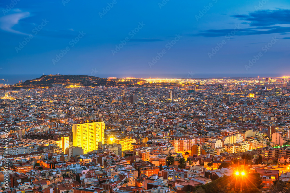 Barcelona Spain, high angle view night city skyline from Bunkers del Carmel