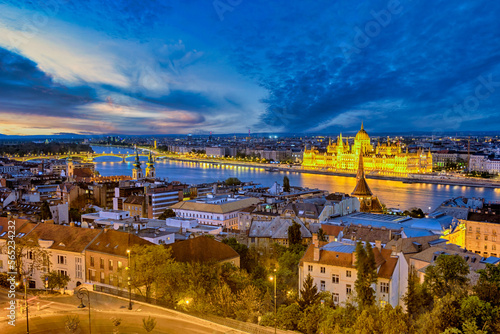 Budapest Hungary, city skyline night at Hungarian Parliament and Danube River