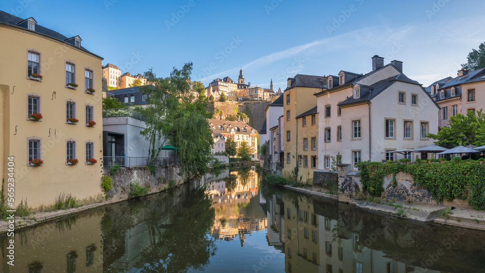 Grand Duchy of Luxembourg, city skyline at Grund along Alzette river in the historical old town of Luxembourg