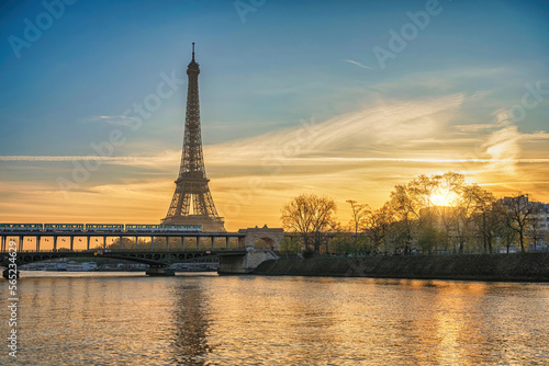 Paris France sunrise city skyline at Eiffel Tower and Seine River Bir-Hakeim Bridge