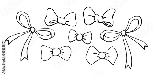 Set of vector outline bows, ribbons. Doodles, coloring book, hand drawn. Simple clip art for Easter xmas birthday Valentines Day, girls design