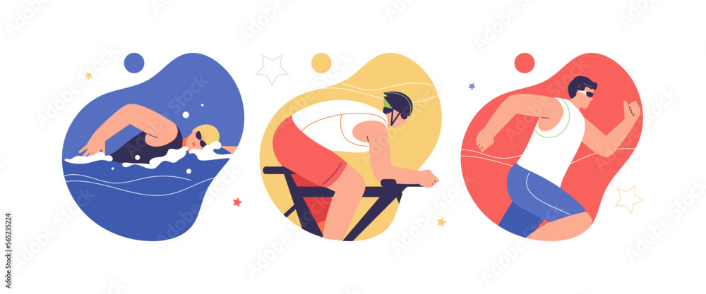 Triathlon sports competitions. Swimming, cycling and running. Olympiad, Championship vector characters