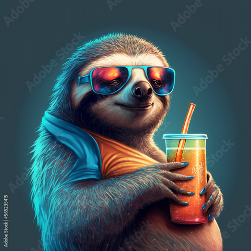 laid-back sloth wearing sunglasses and a t-shirt with a tropical print photo