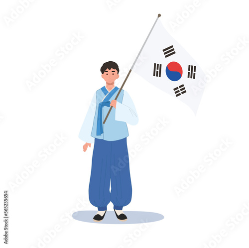 South Korean man in traditional dress holding South Korean flag. Vector illustration.