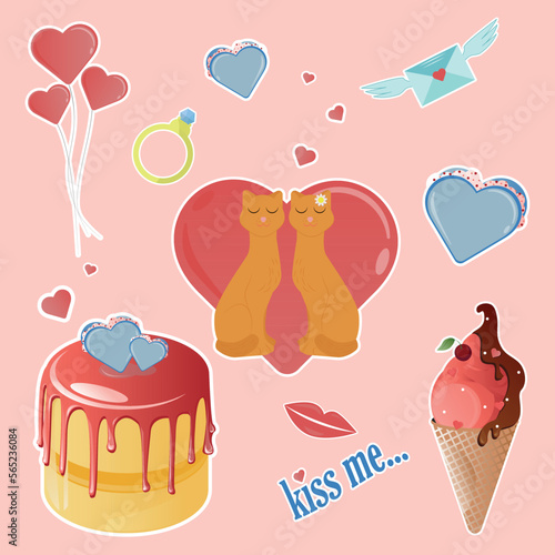 Set of stickers for Valentine's Day. Balloons, hearts, lips, cake, ice cream. Beautiful and cute stickers on a pink background of love.