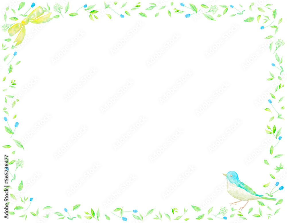 Obraz premium 青い小鳥がとまる野花の繊細なフレーム。水彩絵の具で描いたイラスト。