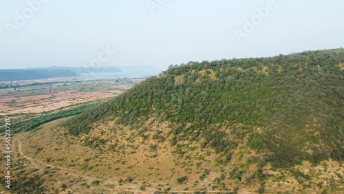 Aerial drone shot of a Hill forest of Gwalior at Tigra dam , Madhya Pradesh , India photo
