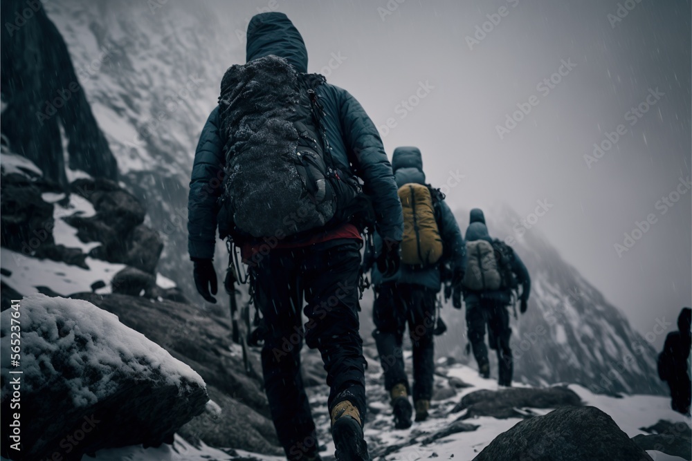 brave mens climbing an epic ivernal mountain, snow rain, tunders, adverse weather. Generative AI brave mens climbing an epic ivernal mountain, snow rain, tunders, adverse weather. Generative AI