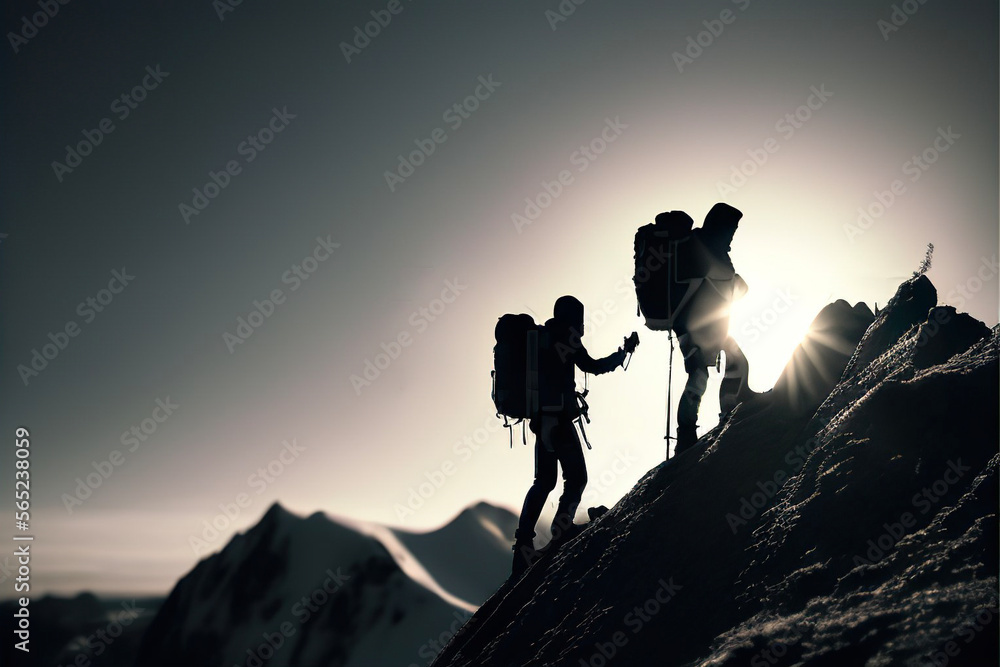 silhouette of mountaineer holding her friend's hand. Generative AI