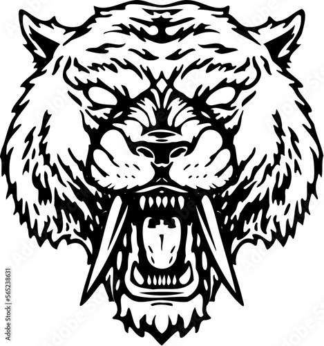 illustration of a furious saber tooth tattoo on isolated white background