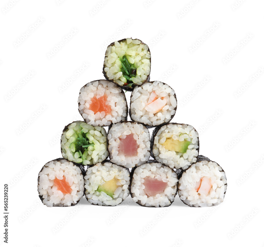Delicious fresh sushi rolls on white background Delicious fresh sushi rolls on white background