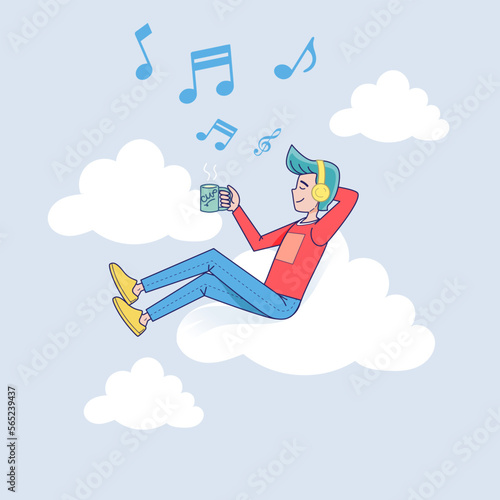 big isolated man listening to music on headphone connected to cloud server with coffee. Vector illustration cartoon character with light background