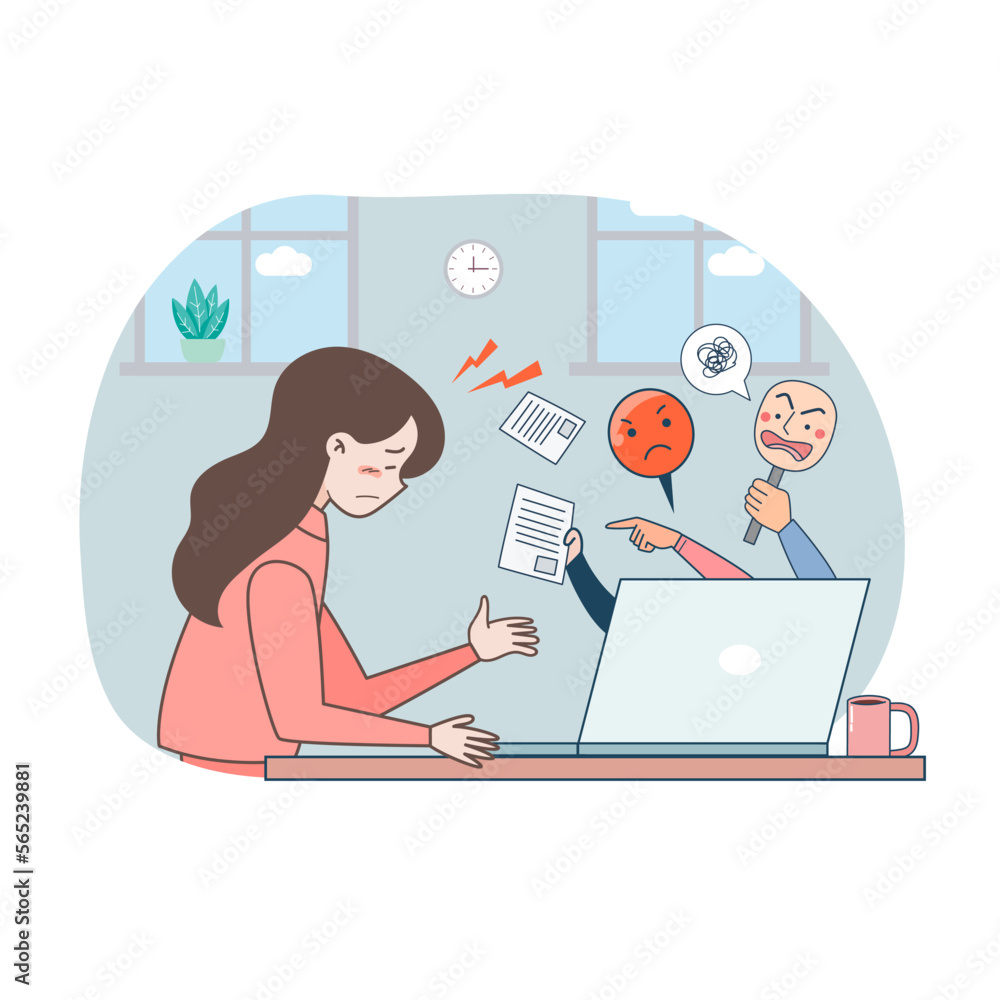 Big isolated Young woman work on a table in laptop. depressed , and trying to problem solving Cartoon character vector illustration. Big isolated Young woman work on a table in laptop. depressed , and trying to problem solving Cartoon character vector illustration.