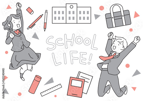 学生生活と制服を着てジャンプする生徒